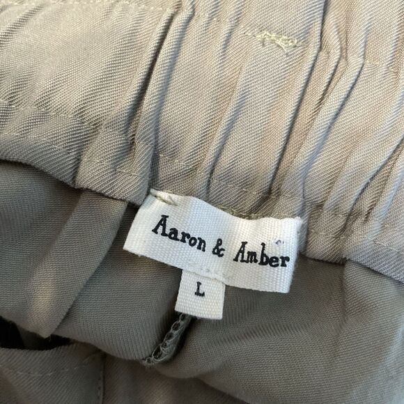 AARON & AMBER Pleated Flowy Wide Leg Pants Large High Rise Paperbag Green Tan - Picture 4 of 8